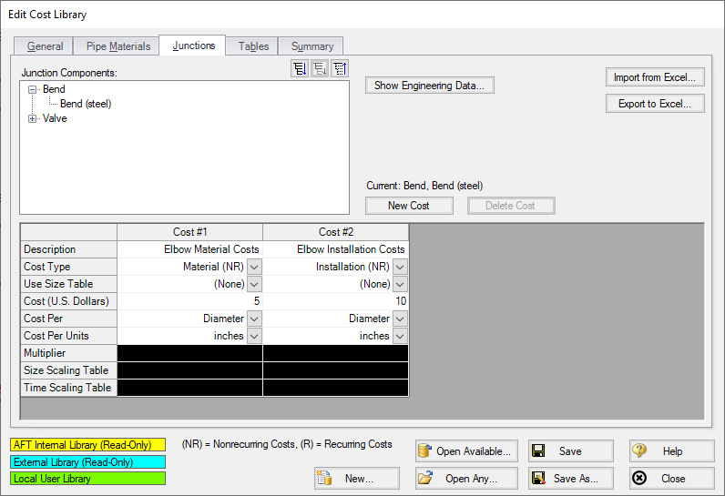 The Pipe Fittings & Losses tab in the Cost Database window. Material and Installtion costs are defined for and elbow with a r/d=1 and 90 degrees.